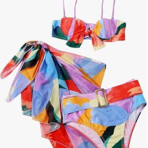 Retro look - Women's 3 Piece Graphic Belted Bikini Set Swimsuit and Cover Up